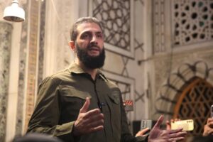 Abu Mohammed al-Golani, now using his real name Ahmad al-Sharaa, addresses a crowd in the Syrian capital's landmark Umayyad Mosque on Sunday. – Photo by AFP