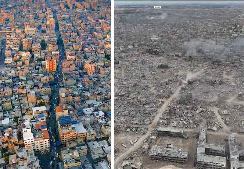 A view of the Jabalia refugee camp in Northern Gaza before and after the ongoing Israeli ethnic cleansing campaign