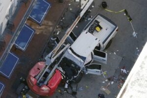 The pickup truck that Shamsud-Din Jabbar drove into a crowed on Burbon Street in New Orlean killing and injuring dozens of people on January 1. – Photo by AP