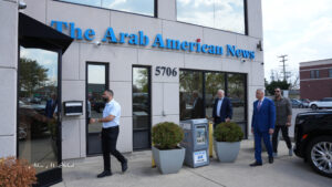 Major General Hassan Ezzat Choucair arrives at the offices of The Arab American News in Dearborn on Wednesday, April 23. – Photo by Abbas Shehab