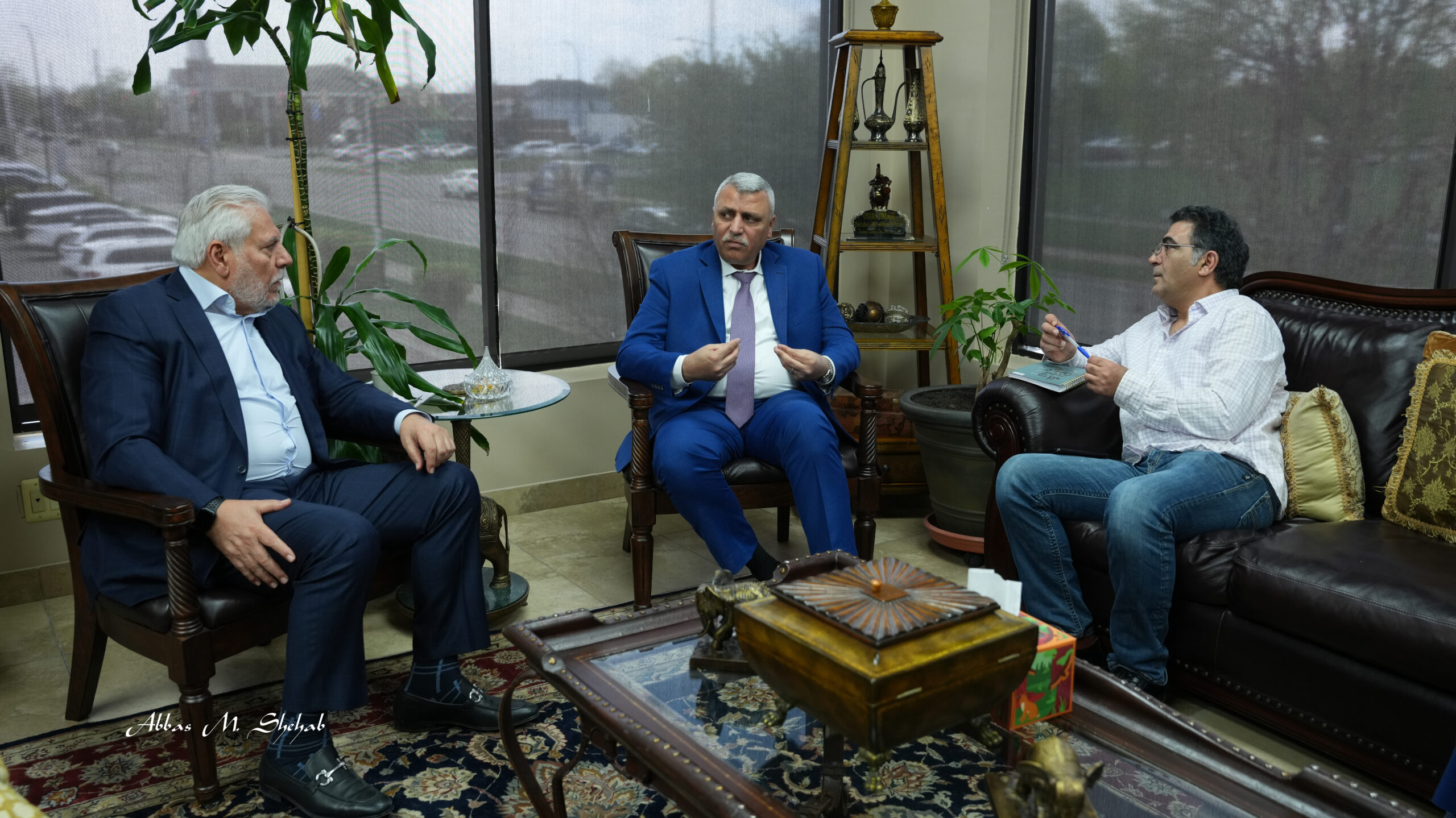 Major General Hassan Ezzat Choucair (C) during an interview with Publisher and Editor-in-Chief Osama Siblani and senior staff writer Tareq Adam at the offices of The Arab American News in Dearborn on Wednesday, April 23. – Photo by Abbas Shehab
