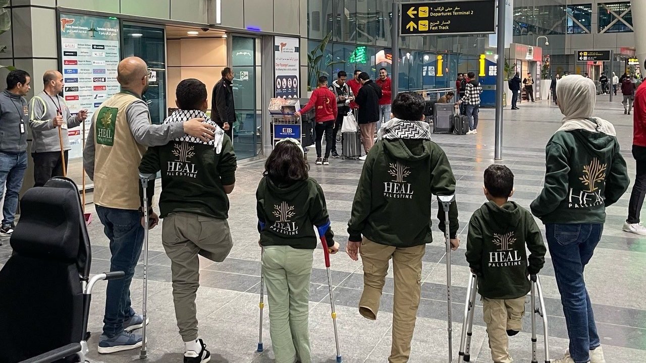 Four injured children from Gaza at Cairo International Airport on their way to Detroit Metro Airport. Photo credit: Courtesy of HEAL Palestine