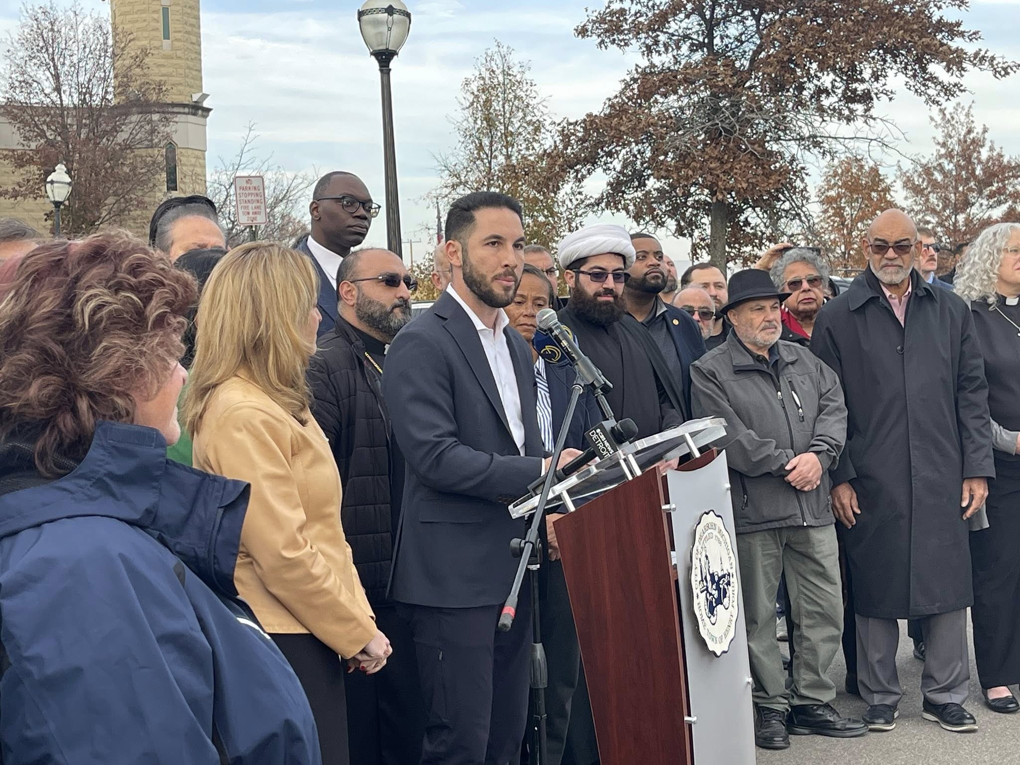 Abdullah Hammoud speaks at the press conference surrounded by state, county, city, community and religious leaders in Dearborn, on Friday, November 21. - Photo by Dearborn.org