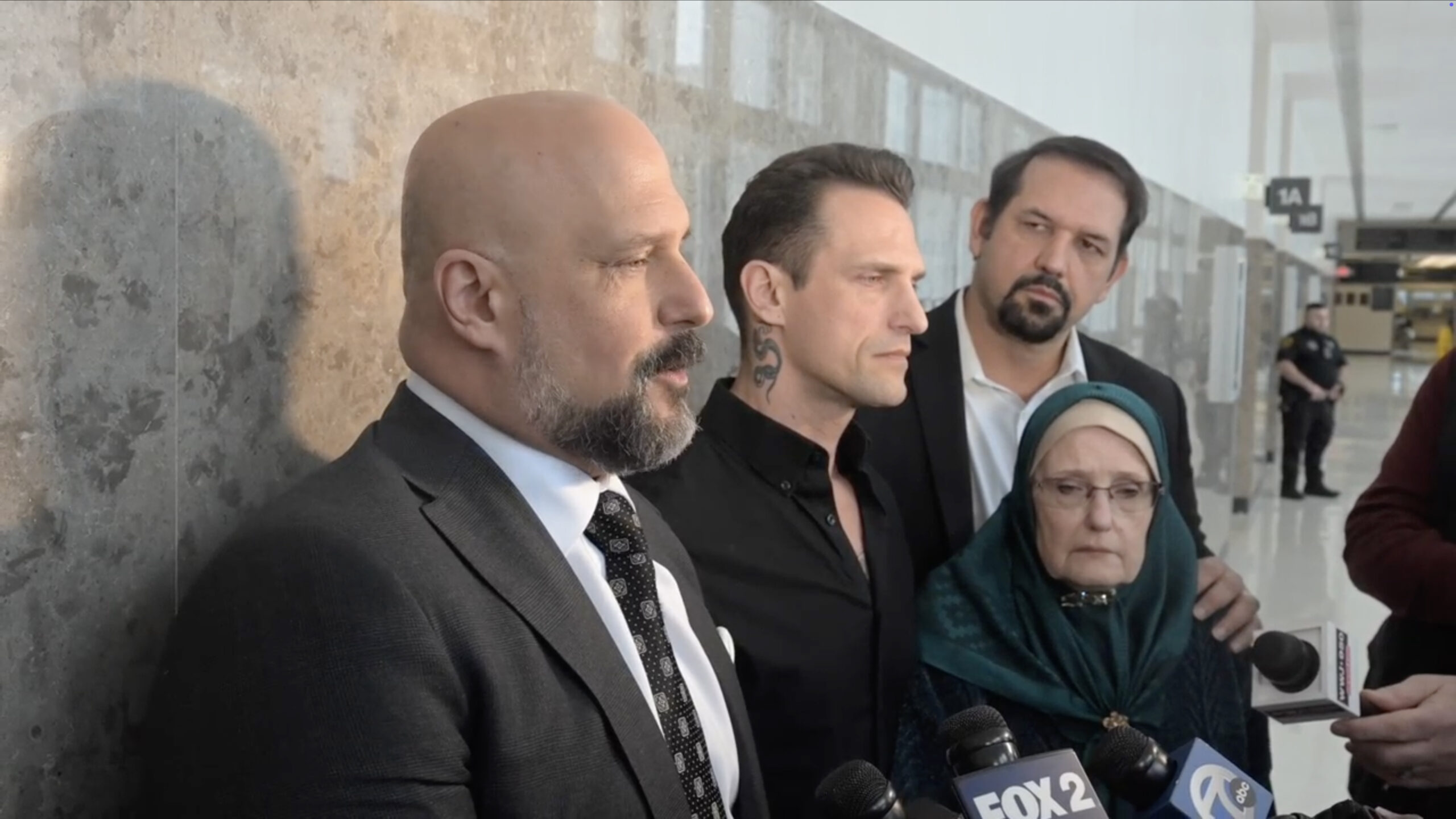 The Murray brothers Abdu, Moheeb, Rehif  and their mother Linda speak to media after Oakland County Circuit Court Judge Yasmine Poles sentenced Carlos Hernandez and Joshua Zuazo to life in prison in the killing of Hussein Murray in his home in Rochester Hills on October 11, 2024