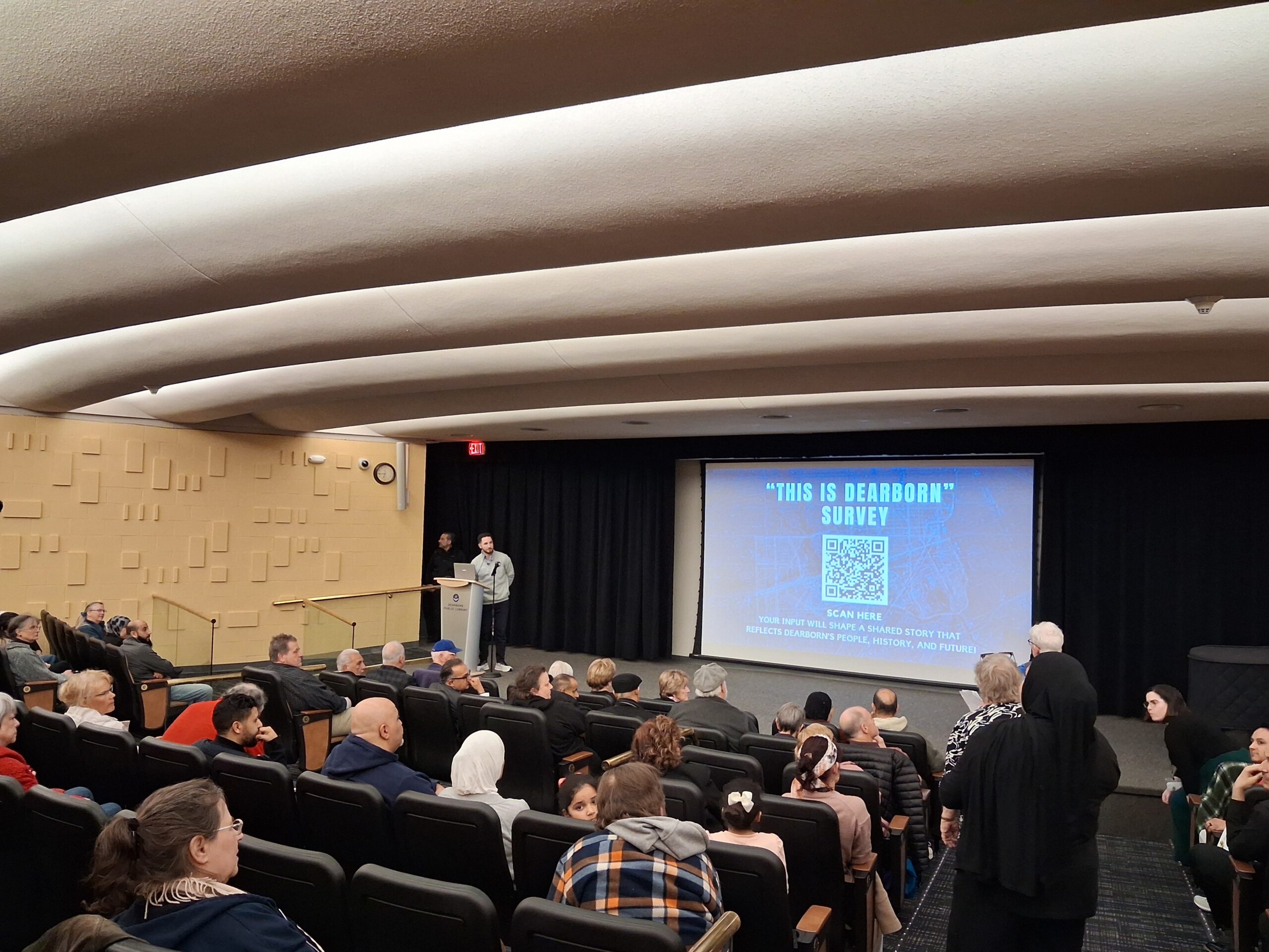 Mayor Abdullah Hammoud speaks at the public meeting on Wednesday, April 1, at the Henry Ford Centennial Library in Dearborn. – Photo by Tareq Adam/The Arab American News