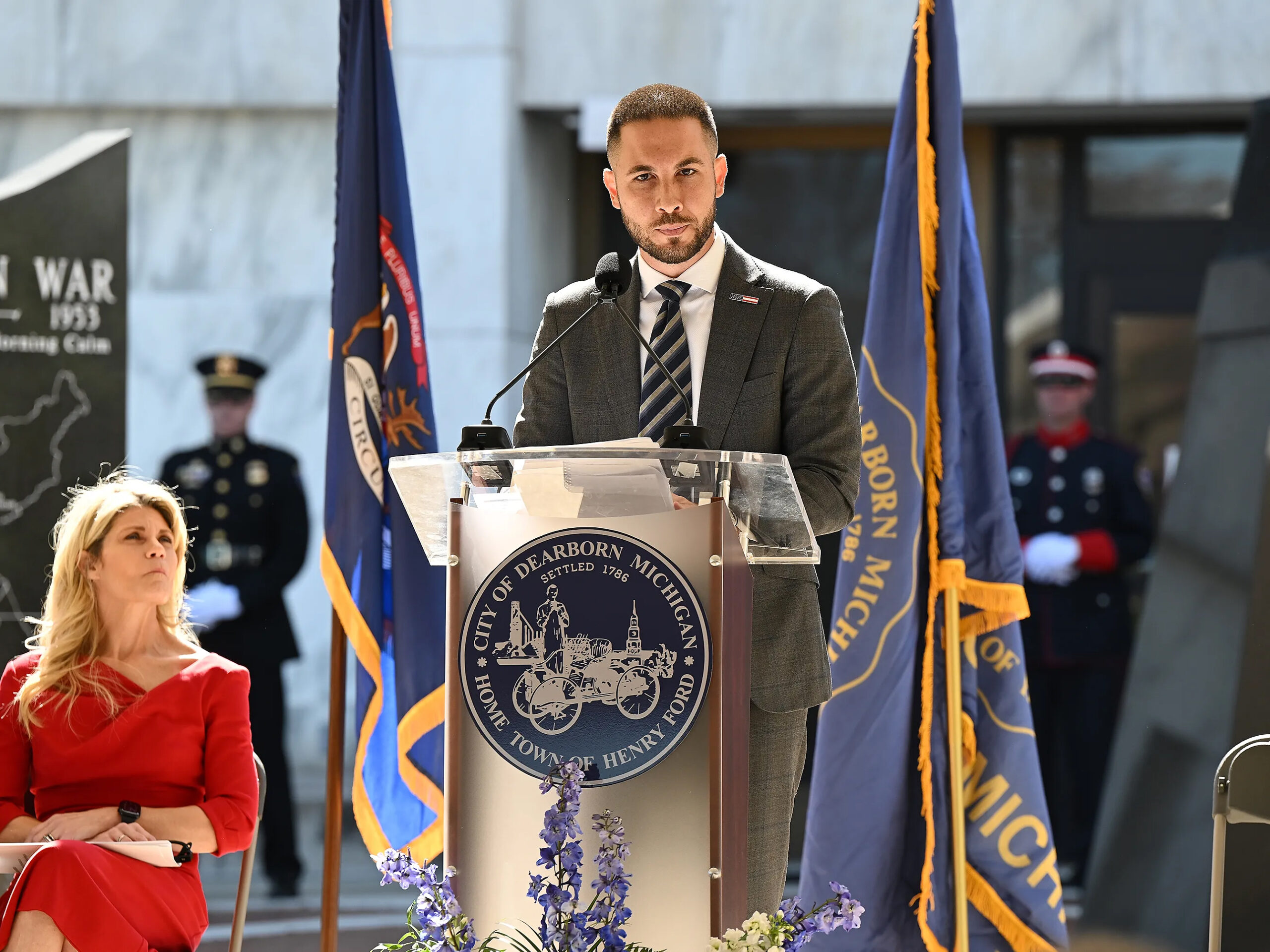Dearborn Mayor Abdullah Hammoud speaks during the city’s 25th anniversary remembrance ceremony for the Sept. 11 terrorist attacks on Friday, Sept. 11, 2026, at Veterans Park and War Memorial in Dearborn. – Photo via MLive